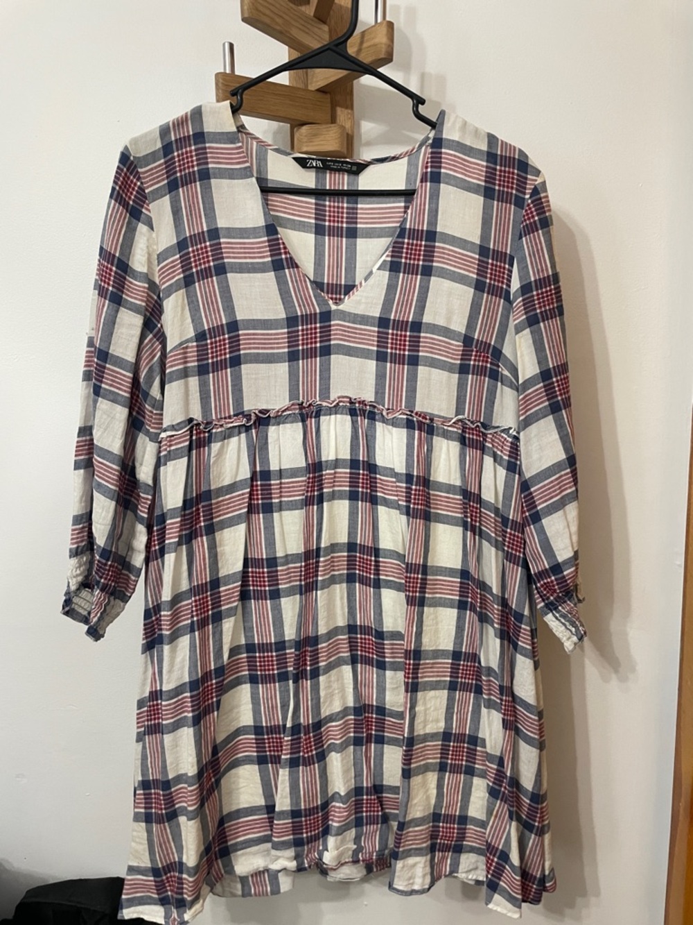 Zara Cream, Navy & Red Plaid V-Neck Babydoll Tunic